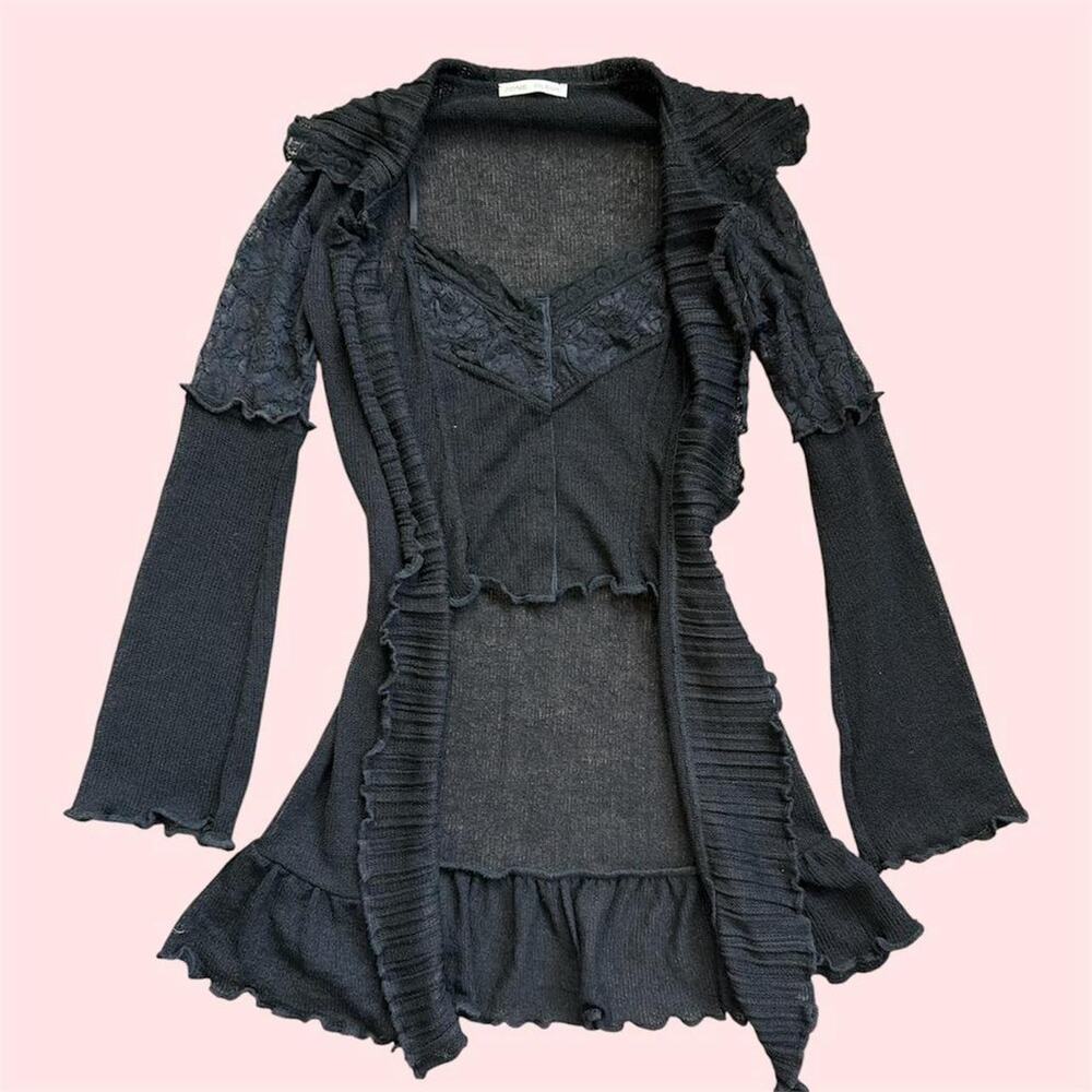 Zone bleue black ruffled long sleeve cardigan with builtin cami and lace details